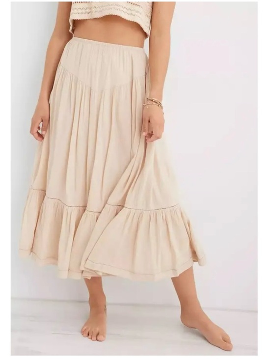 aerie Dresses & Skirts - Aerie V Yoke Woven Tiered Pull-On Peasant Midi Skirt Cottage Boho Tan Large